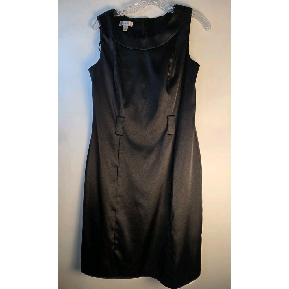 Dressbarn Women's 10 Black Sleeveless Satin Ruched Flattering Midi Dress